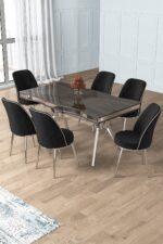 Canisa Prah Serisi 90x160 Lak Panel Antrasit Ironi Krom Ayak Masa Takımı 6 Gri Sandalye - Görsel 6