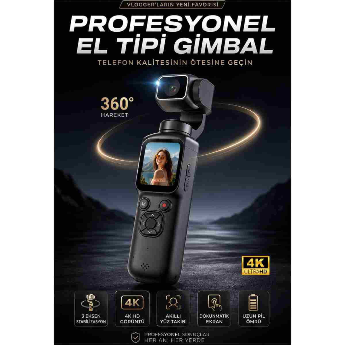 Omaze 4K Ultra Hd Profesyonel Aksiyon Kamerası Gimbal 360 Dönüş Dokunmatik Ekran Profesyonel Vlog Çekim - Görsel 9