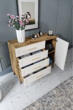 mapahomeliving Panjurlu 4 Çekmeceli 1 Kapaklı Şifonyer Modern Tasarım, MDF Kapak,Ekru Ceviz - Görsel 4