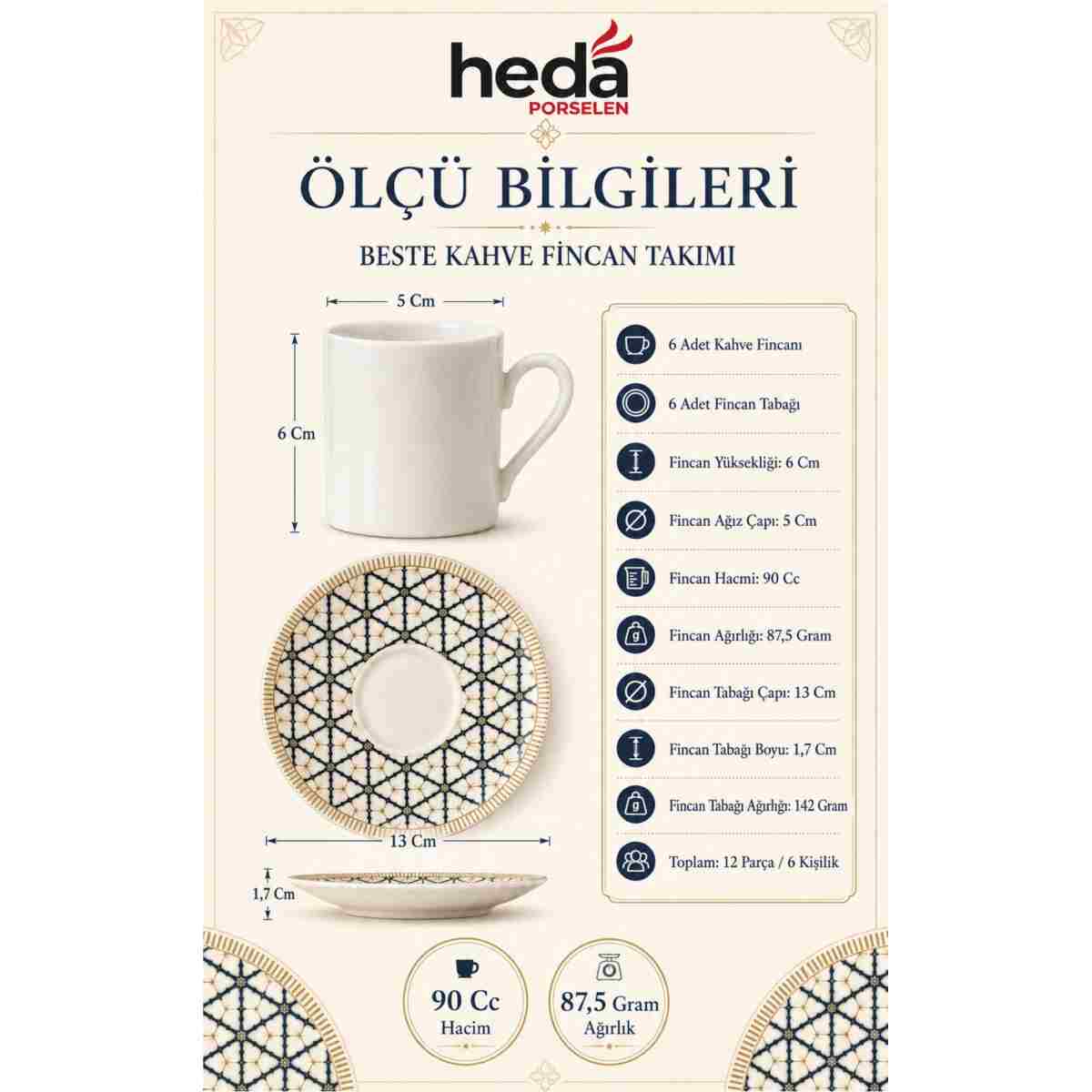 Heda Porselen Beste 12 Parça 6 Kişilik Porselen Kahve Fincan Takımı - Görsel 2