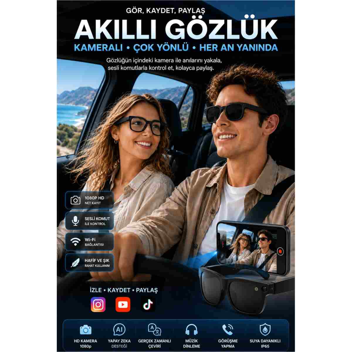 Zineets Ultra HD Eller Serbest Wifi Güneş Gözlük Aksiyon Kamerası Gizli Aİ Destekli Akıllı Gözlük Dİl Çevirici Özellikli - Görsel 13
