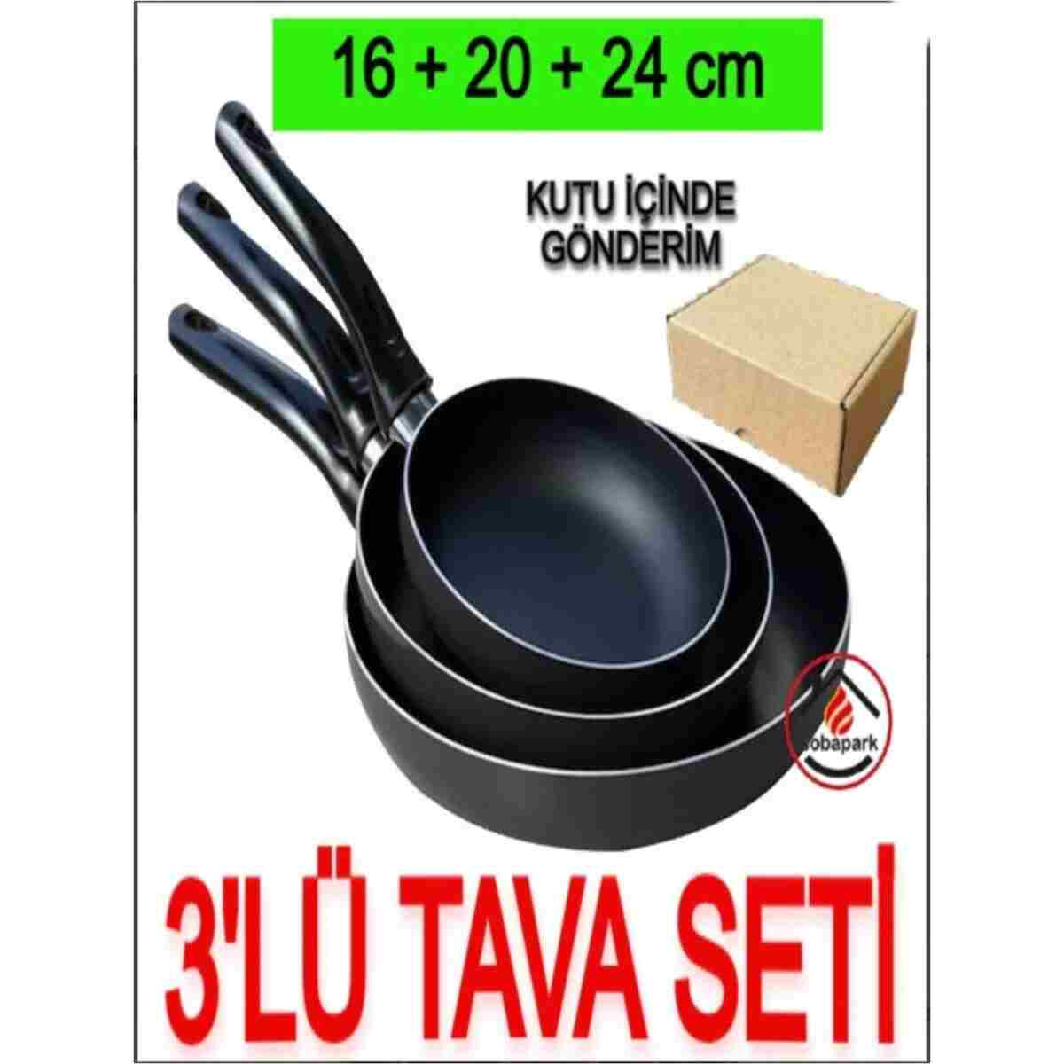 sobapark Yanmaz Yapışmaz Teflon Tava Seti 16 20 24 Cm Siyah Renk Teflon Tava Seti Günlük Kullanım Tavası - Görsel 2