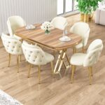 Canisa Zae Serisi 90x168 Lak Panel Hazar Gold Ayak Masa Takımı 6 Krem Sandalye