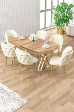 Canisa Zae Serisi 90x168 Lak Panel Hazar Gold Ayak Masa Takımı 6 Krem Sandalye