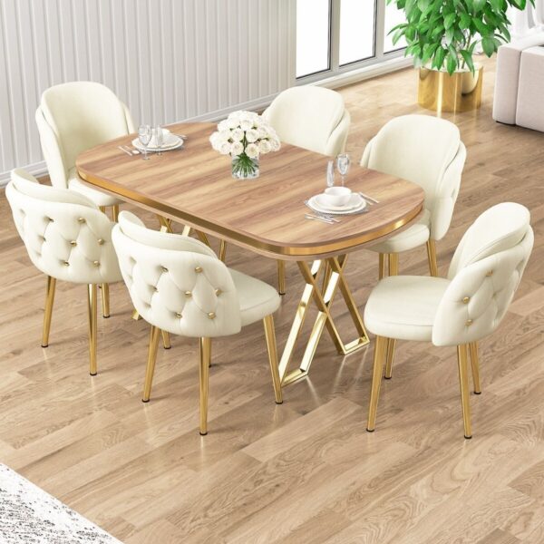 Canisa Zae Serisi 90x168 Lak Panel Hazar Gold Ayak Masa Takımı 6 Krem Sandalye