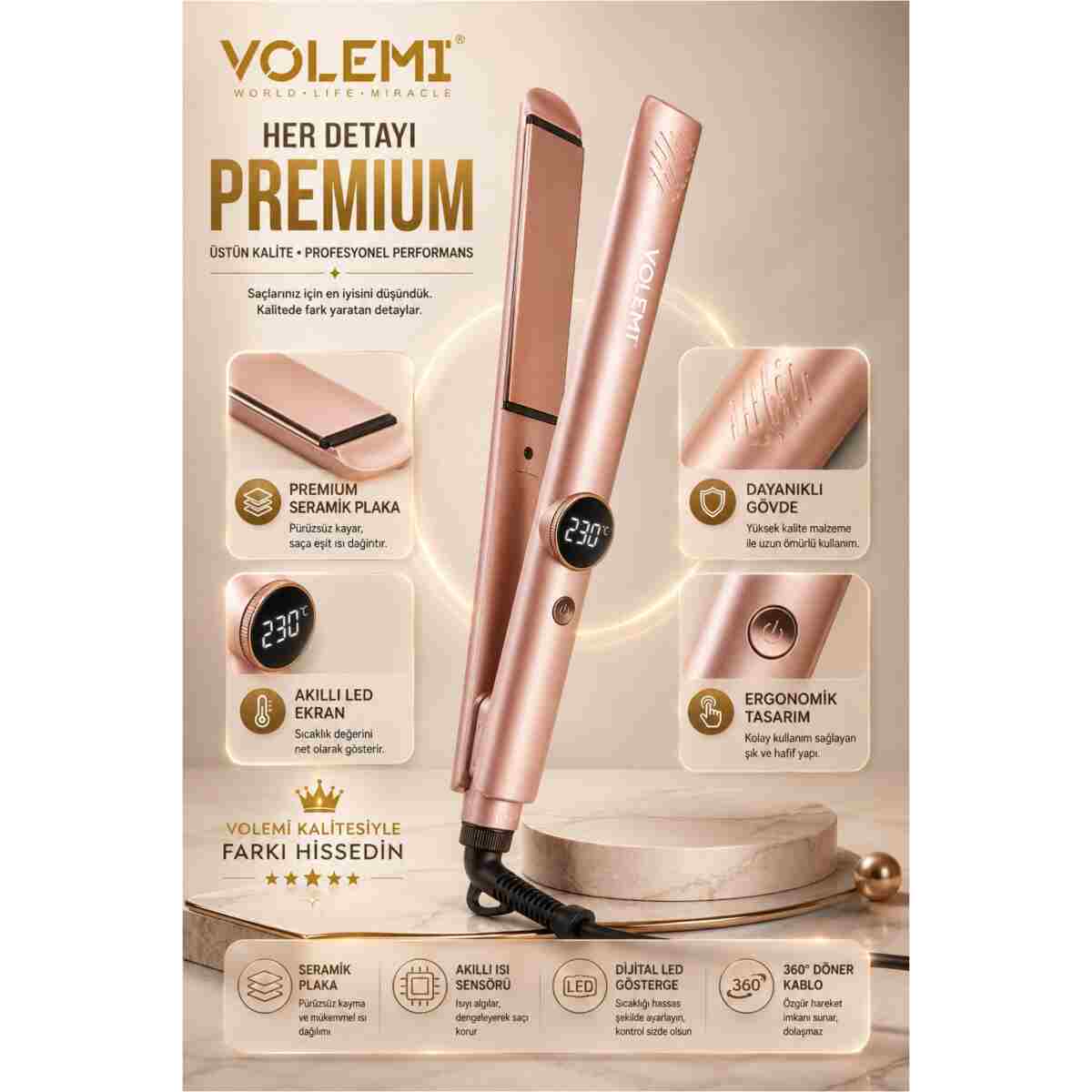 VOLEMİ V-074 Profesyonel Saç Düzleştirici 14 Kademeli Isı Ayarı Dijital LED Ekran Seramik Plaka 100-230°C - Görsel 6