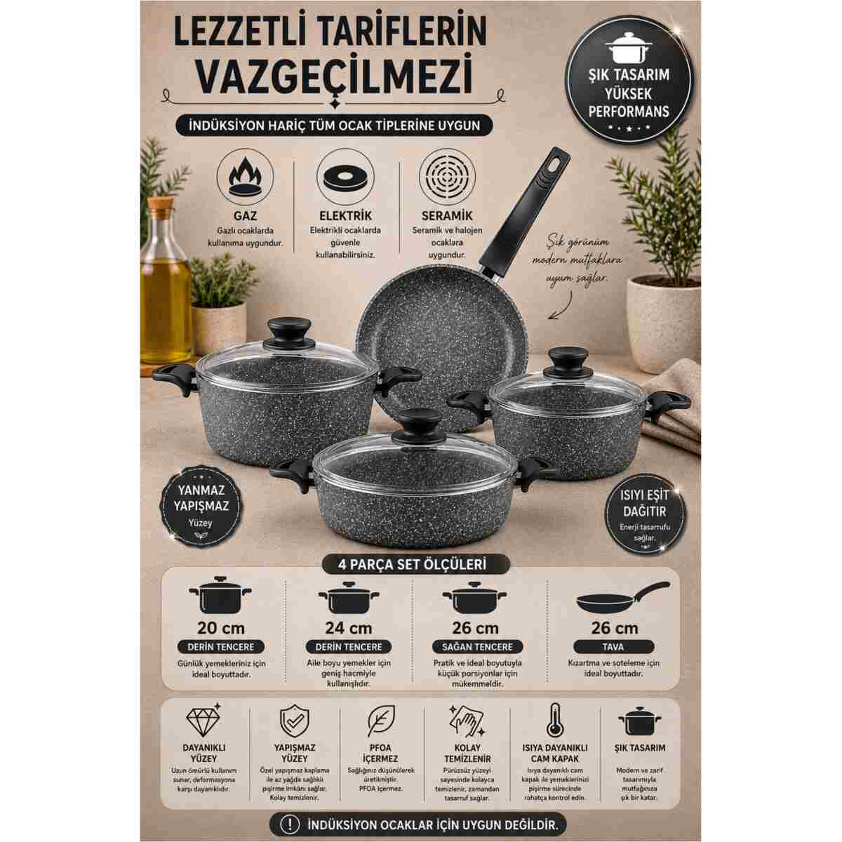 LAVONNI Diez 7 Parça Ezme Granit Tencere Seti- Gri - 20/24 Derin / 26 Basık / 26 Tava - Görsel 4