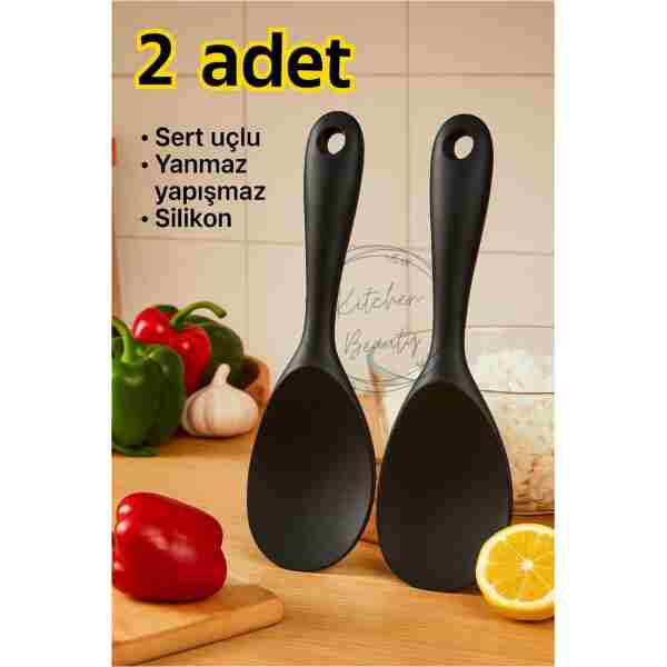 Kitchen Beauty 2 Adet Ultra Sert Uçlu Silikon Servis Pilav Tatlı Kaşığı Kaşık Seti Asılabilir Kaşık Yanmaz Yapışmaz