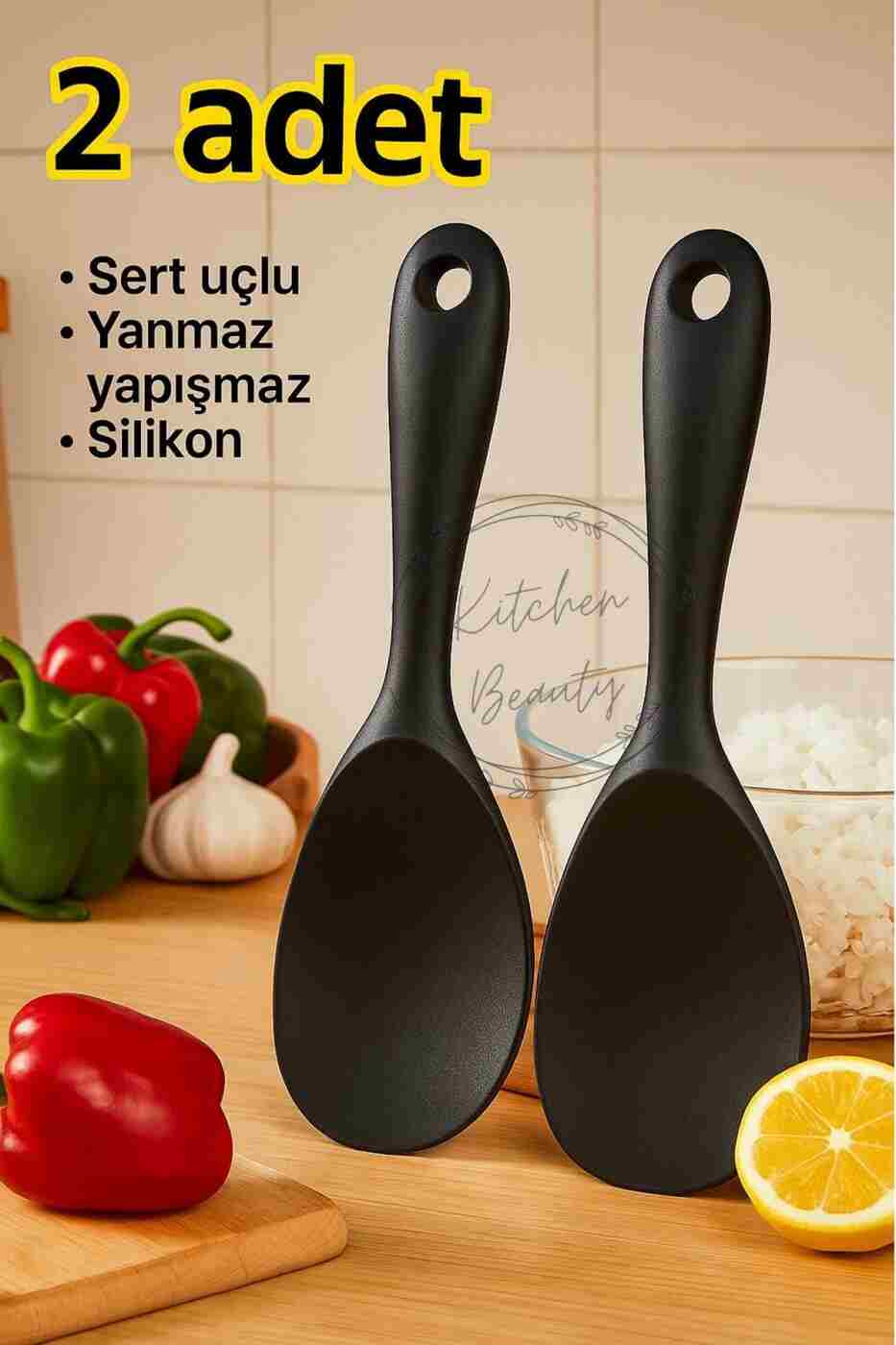 446b3f10969961af5e6d216ec03b34b0 Kitchen Beauty 2 Adet Ultra Sert Uçlu Silikon Servis Pilav Tatlı Kaşığı Kaşık Seti Asılabilir Kaşık Yanmaz Yapışmaz - Görsel 1