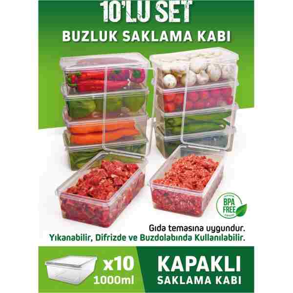 OFFBOX 10 Adet 1 Lt. Kendinden Kapaklı Derin Dondurucuya Uygun Saklama Kabı Düzenleyici