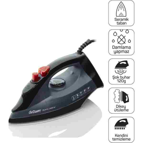 Arzum AR684 Olivya Buharlı Ütü 2400W, Seramik Taban, Dikey Buhar, Şok Buhar, Damlama Önleme, Siyah