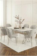 DEREN HOME Rigella Max Krom 80x130 MDF Sabit Masa Metal Ayak + 6 Adet Silinebilir Sandalye ACIK GRI
