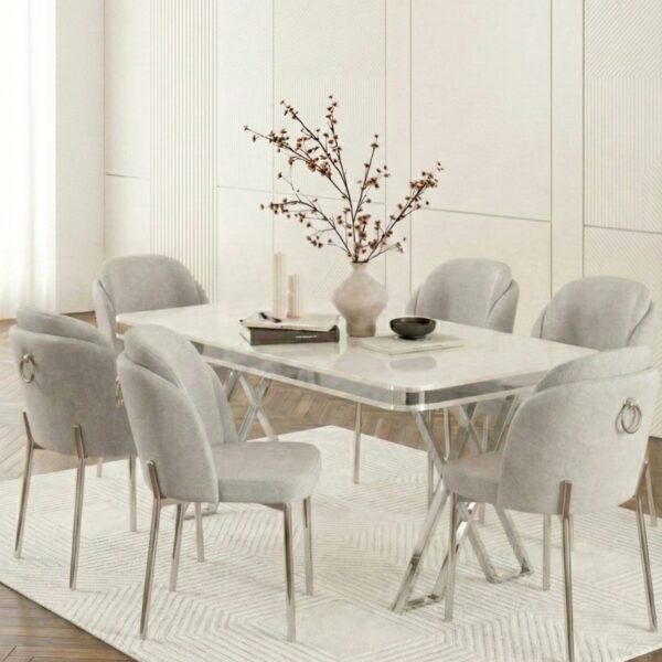 DEREN HOME Rigella Max Krom 80x130 MDF Sabit Masa Metal Ayak + 6 Adet Silinebilir Sandalye ACIK GRI