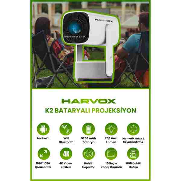 HARVOX K2 Bataryalı Projeksiyon Cihazı Taşınabilir 4K Destekli 1080P Android Sistemli Projektör