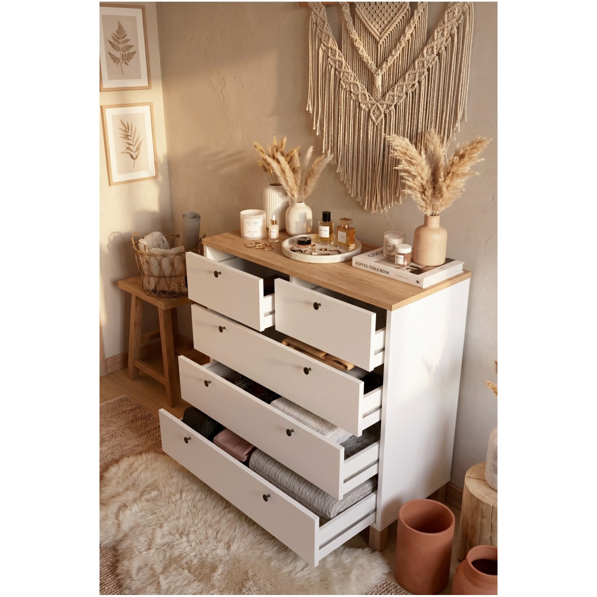 Yurudesign Nord Şifonyer 5 Çekmece Ahşap Ayaklı Sepet-Beyaz ND3-SW - Görsel 11