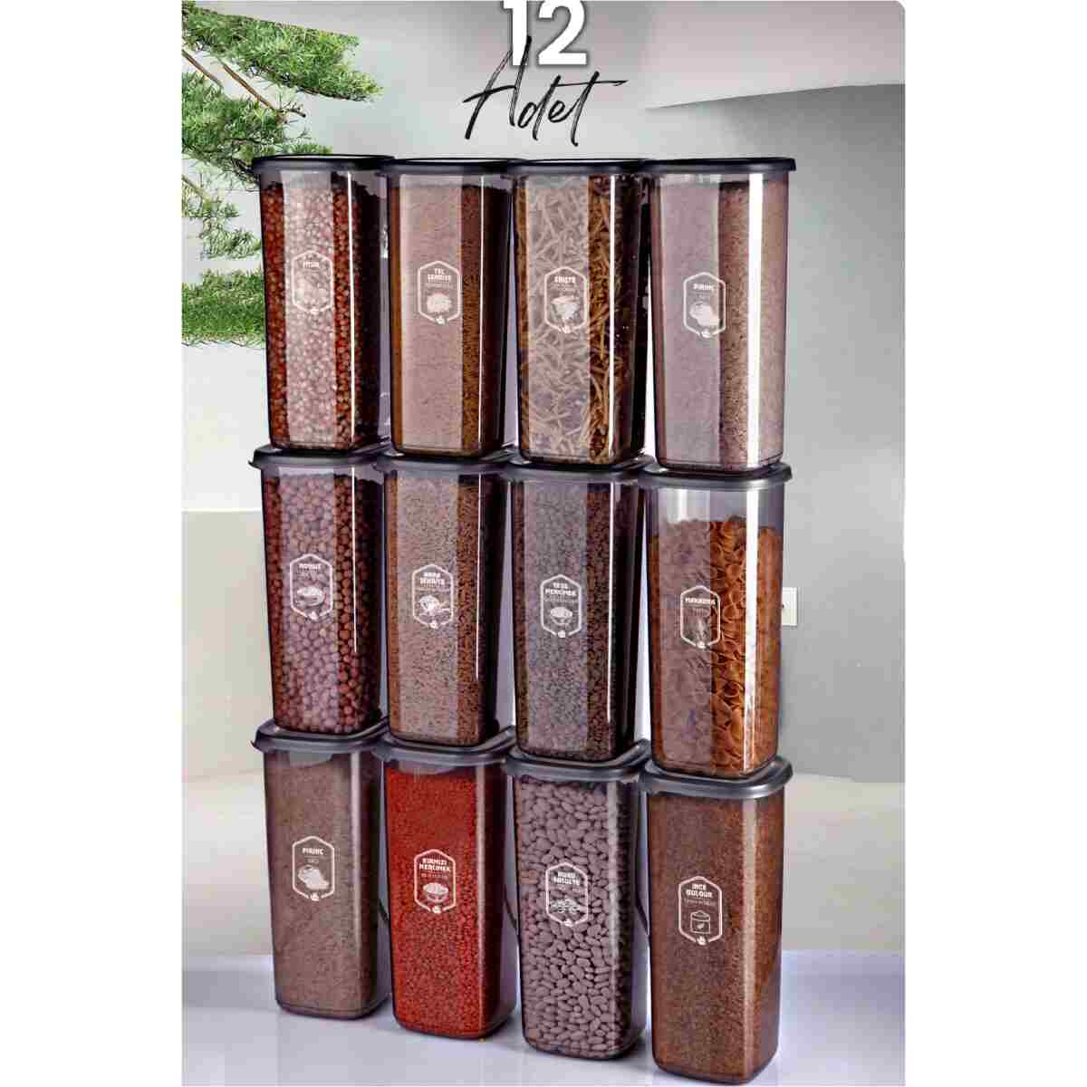 Kitchen Life 12 Li Büyük Boy Square Kare Saklama Kabı Seti 1200 ml Antrasit Etiketli Erzak Kavanoz Seti - Görsel 3