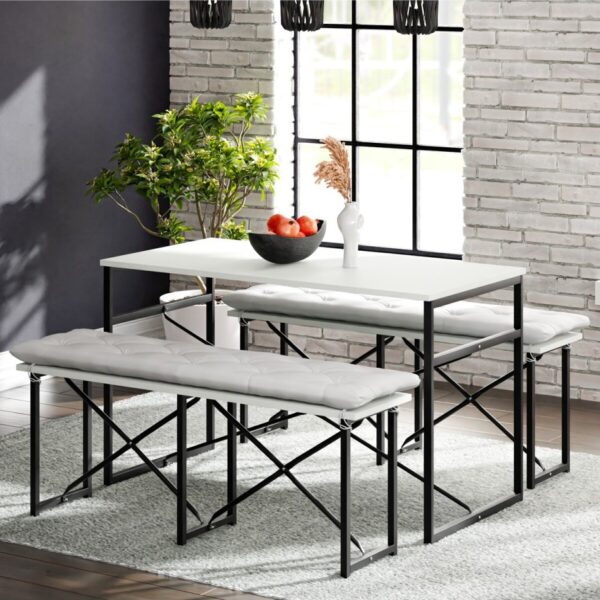 eportatif Masa Takımı Minderli Bench Bank Masa Seti 120x60 Masa Mutfak Masası Yemek Masası Beyaz 1555