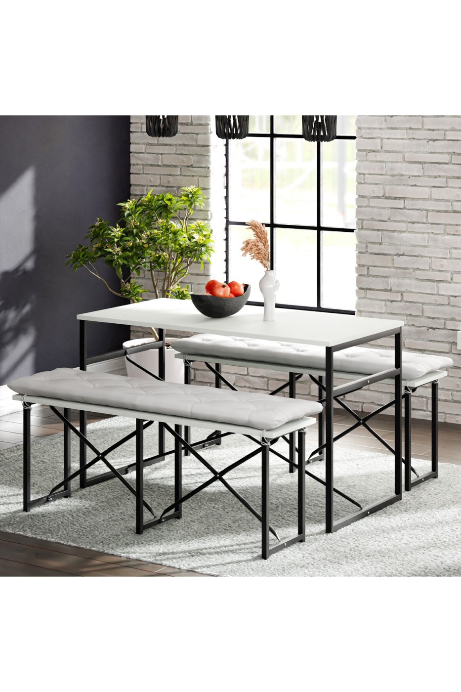 46e683e30aac4088778a6cbc9e98d3d9 eportatif Masa Takımı Minderli Bench Bank Masa Seti 120x60 Masa Mutfak Masası Yemek Masası Beyaz 1555 - Görsel 1