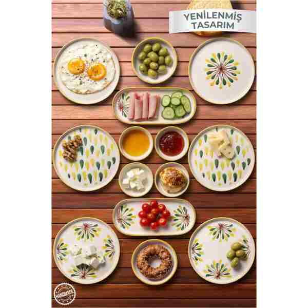 Nandy Home 14 Parça 6 Kişilik Handmade Yeşil Nokta Kahvaltı Takımı - Lüx Kahvaltılık Sunum Seti