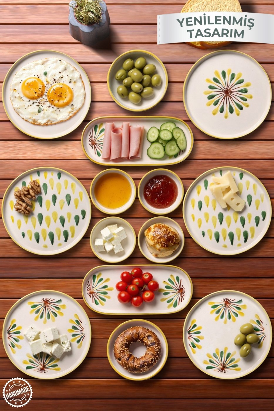 Nandy Home 14 Parça 6 Kişilik Handmade Yeşil Nokta Kahvaltı Takımı - Lüx Kahvaltılık Sunum Seti