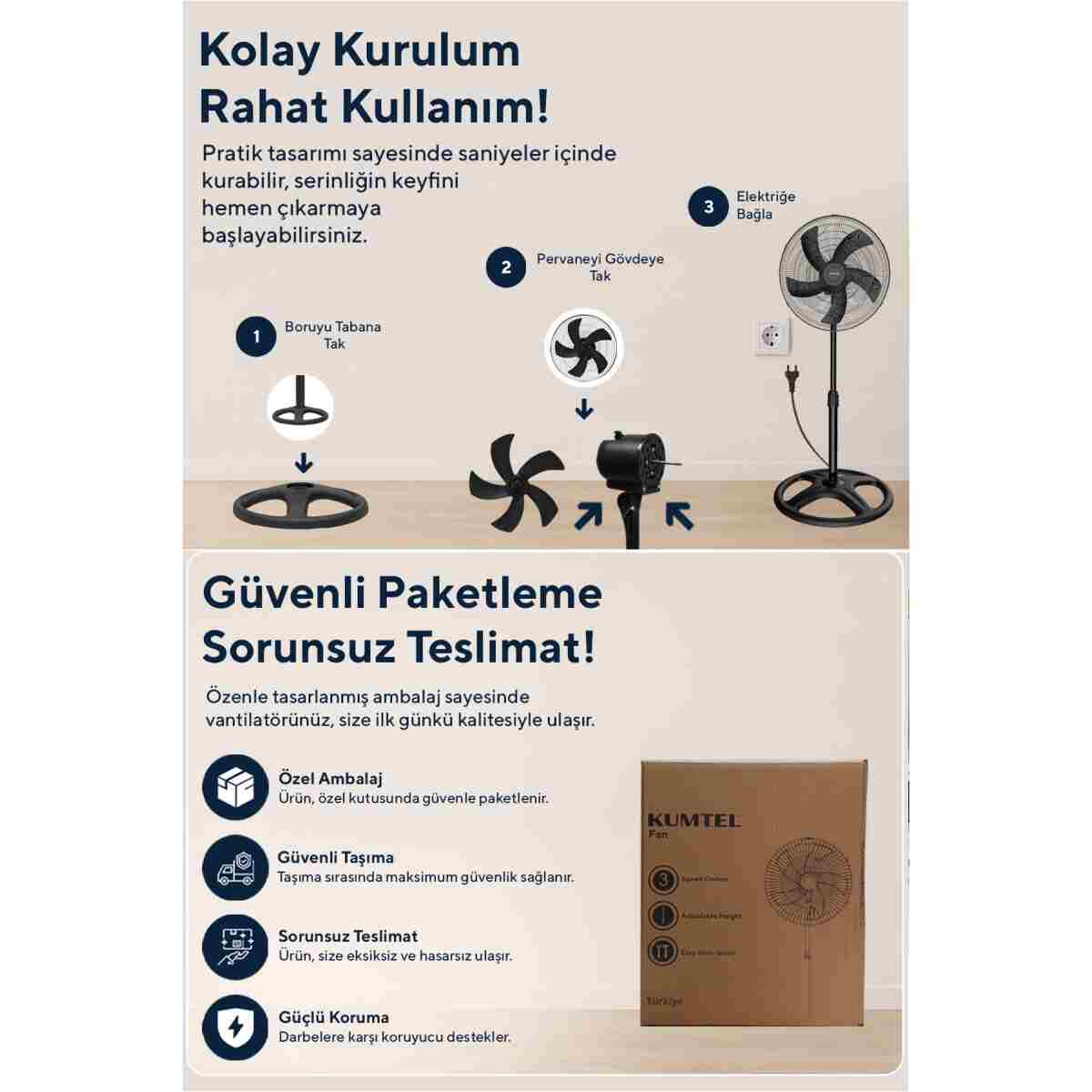 KUMTEL KTF-345 Siyah 18 İnç Ayaklı Vantilatör 60 W, 5 Pervaneli, 3 Kademeli, 132 cm - Görsel 14