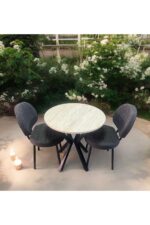 BAMBEDS MOBİLYA Bambeds Mobilya 70x70 Trevertan Yuvarlak Balkon Masa Ahtapot Ayak Armut Keten Sandalye 2 Adet - Görsel 6