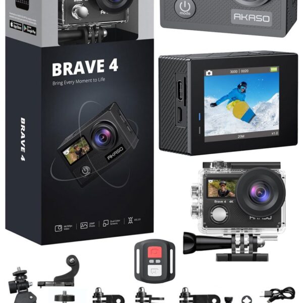 AKASO Brave4 4K/30fps 20mp WiFi Dual Screen Aksiyon Kamera ve Aksesuar Seti Su Geçirmez Kılıf App Kontrolü