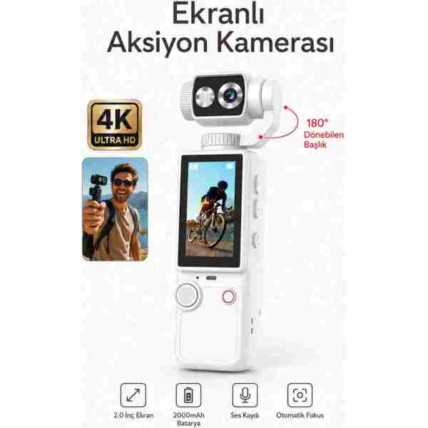 SEYUTECH 4K Ultra HD Mini Aksiyon Kamerası 2.0 inç Ekranlı Mikrofon Destekli Oto Fokus Özellikli 180° Döner Başlıklı Vlog Kamera