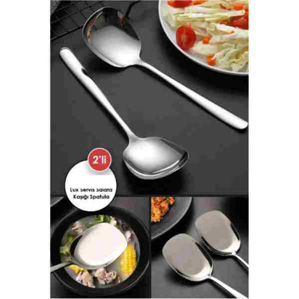 Kaşbaşı Home 2 ADET Pratik 21 Cm Paslanmaz Çelik Lüx Servis Salata Kaşığı Spatula | Çelik Yemek Servis Kaşığ