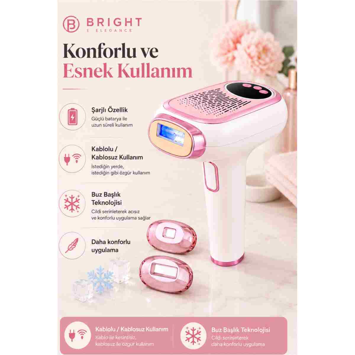 Bright Elegance BE-9088 Şarjlı Buz Başlık Ipl Lazer Epilasyon Cihazı 999.999 Atım 9 Kademe Otomatik Manuel - Görsel 3