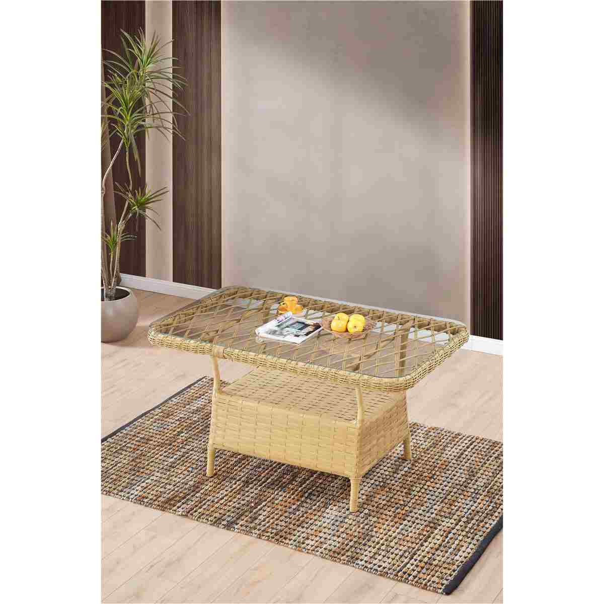 Evdemo Edra Rattan Puflu Bahçe Balkon Takımı 3+1+1+Camlı Masa Cappuccino - Görsel 4