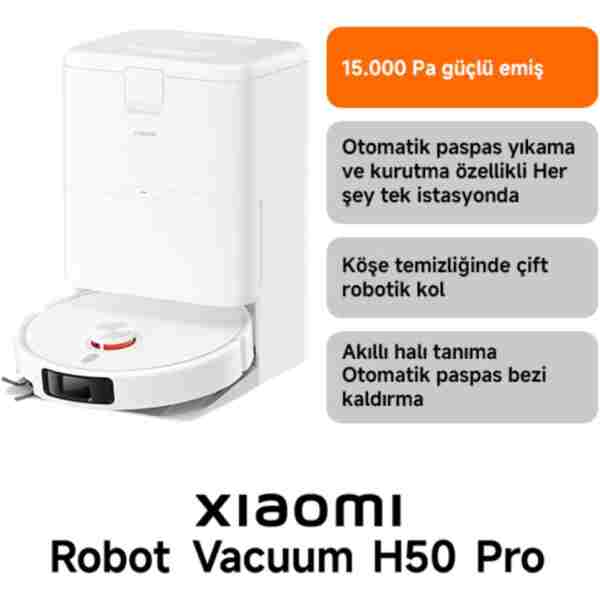 Robot Vacuum H50 Pro Beyaz Akıllı Robot Süpürge 15000 Pa Emiş Gücü ( Xiaomi Türkiye Garantili)
