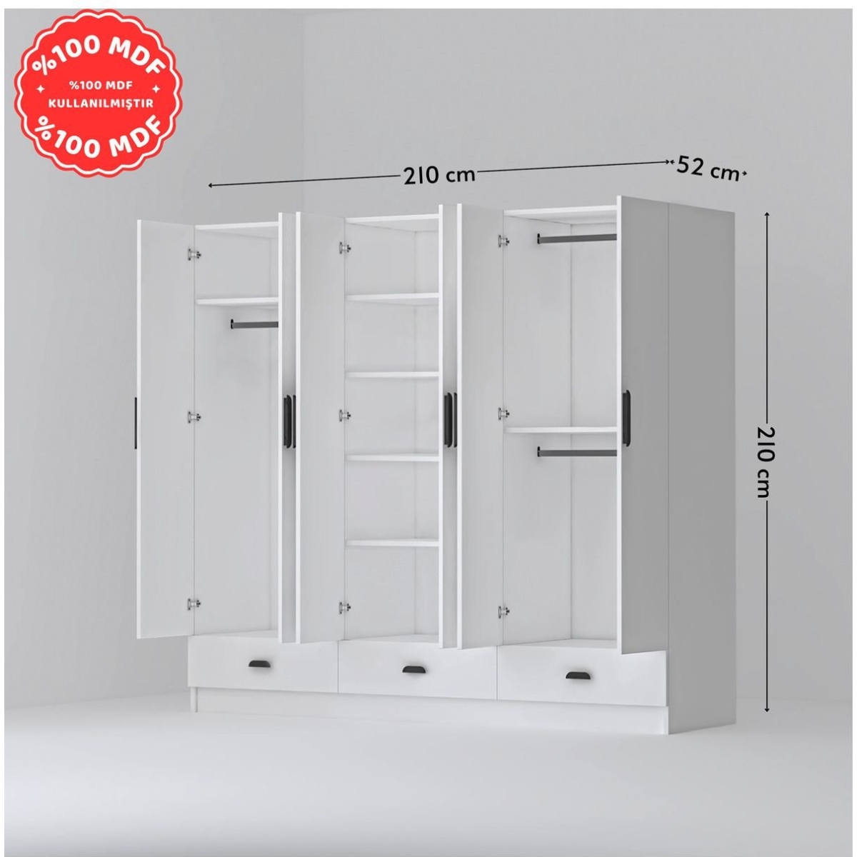 İMBAŞ İnci 6 Kapak 3 Çekmeceli Gardırop %100 MDF - Görsel 10