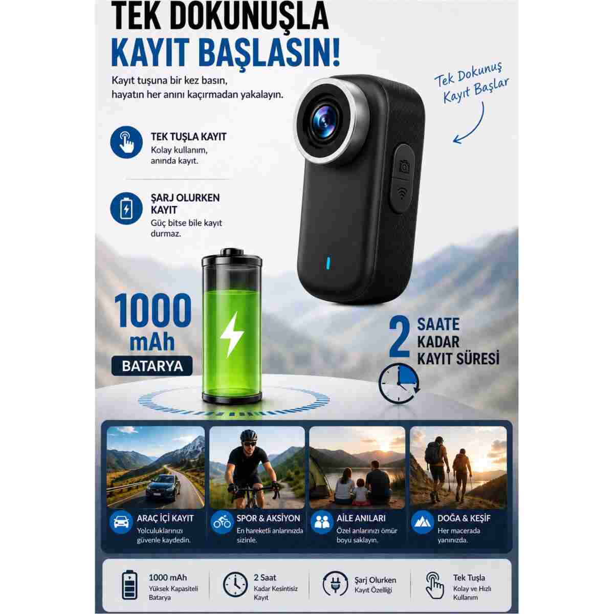 Omaze 4K UHD Mini Aksiyon Kamerası WiFi Bağlantılı Manyetik Klipsli Giyilebilir Body Cam Spor ve Vlog Kamerası - Görsel 5