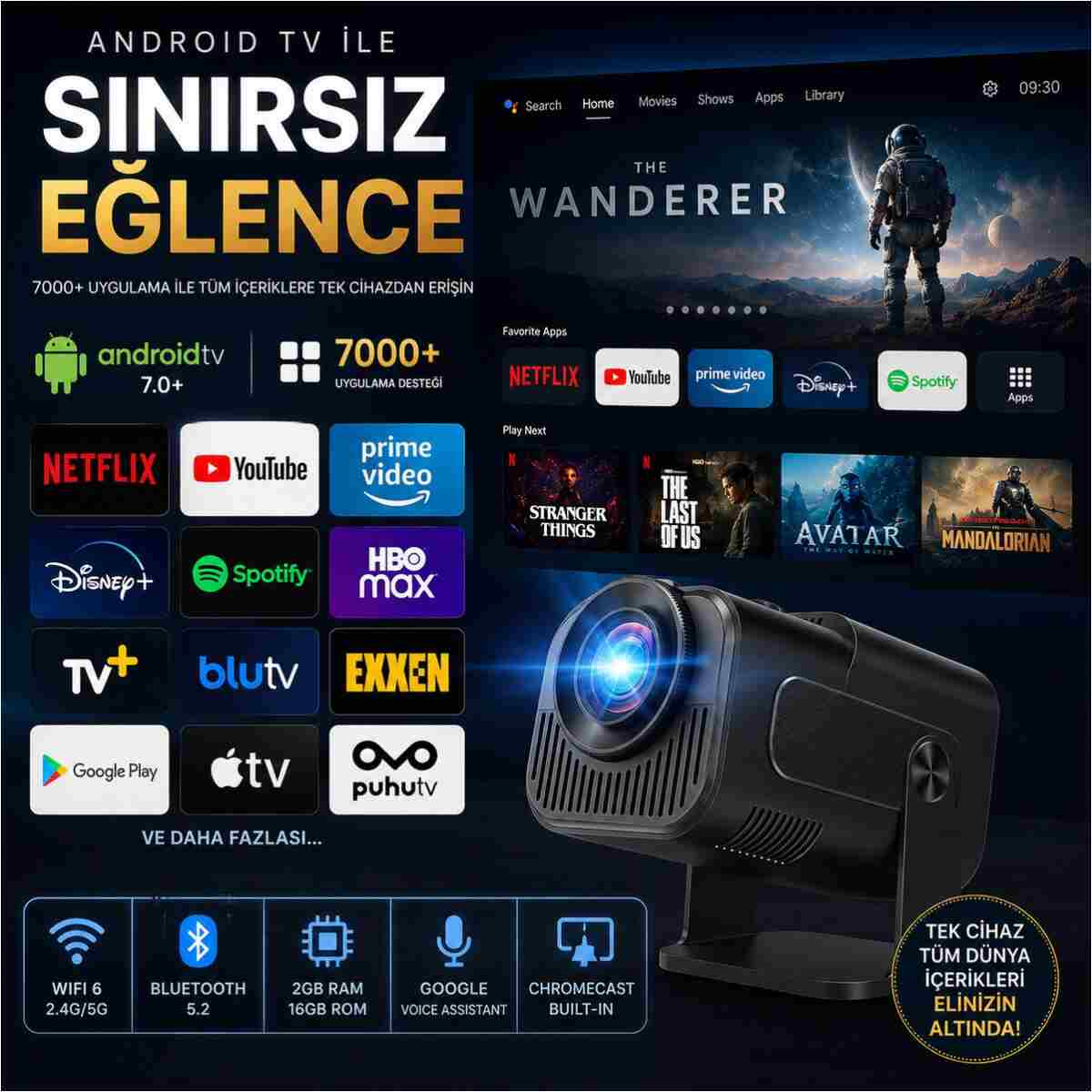 TARÇIN Taşınabilir 4K Destekli Full HD Projektör Oda Nemlendiricisi Hediyeli - 270° Döner Gövde - Görsel 3