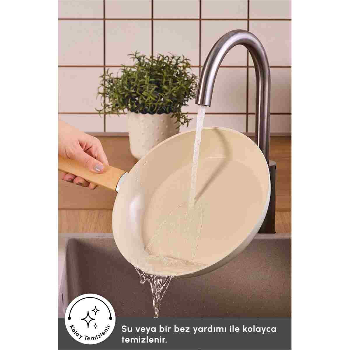 Karaca x Refika Swiss Crystal Almond Cream 0 Yağ İle Yanmaz Yapışmaz İndüksiyon Tabanlı Tava 30 Cm - Görsel 15