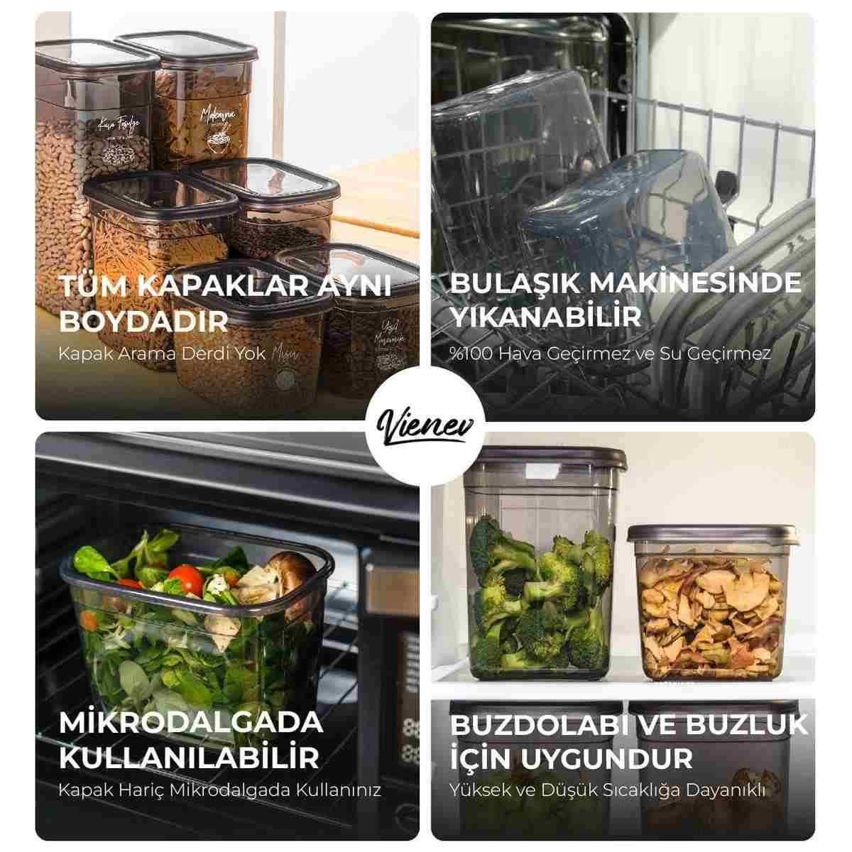 Vienev Beyaz Serigrafi Etiketli 6'lı Set Maxi Boy Peggy Uzun Dikdörtgen Saklama Kabı 2 Litre Antrasit - Görsel 14