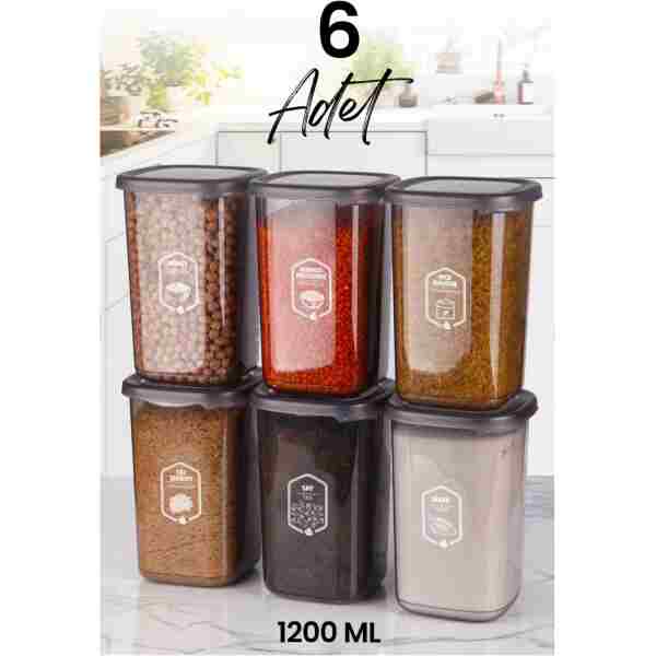 Kitchen Life 6'lı Etiketli Square Kare Erzak Saklama Kabı Seti 1200 ml - Sert Kapaklı Düzenleyici Kavanoz