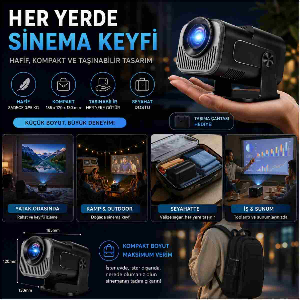TARÇIN Taşınabilir 4K Destekli Full HD Projektör Oda Nemlendiricisi Hediyeli - 270° Döner Gövde - Görsel 14