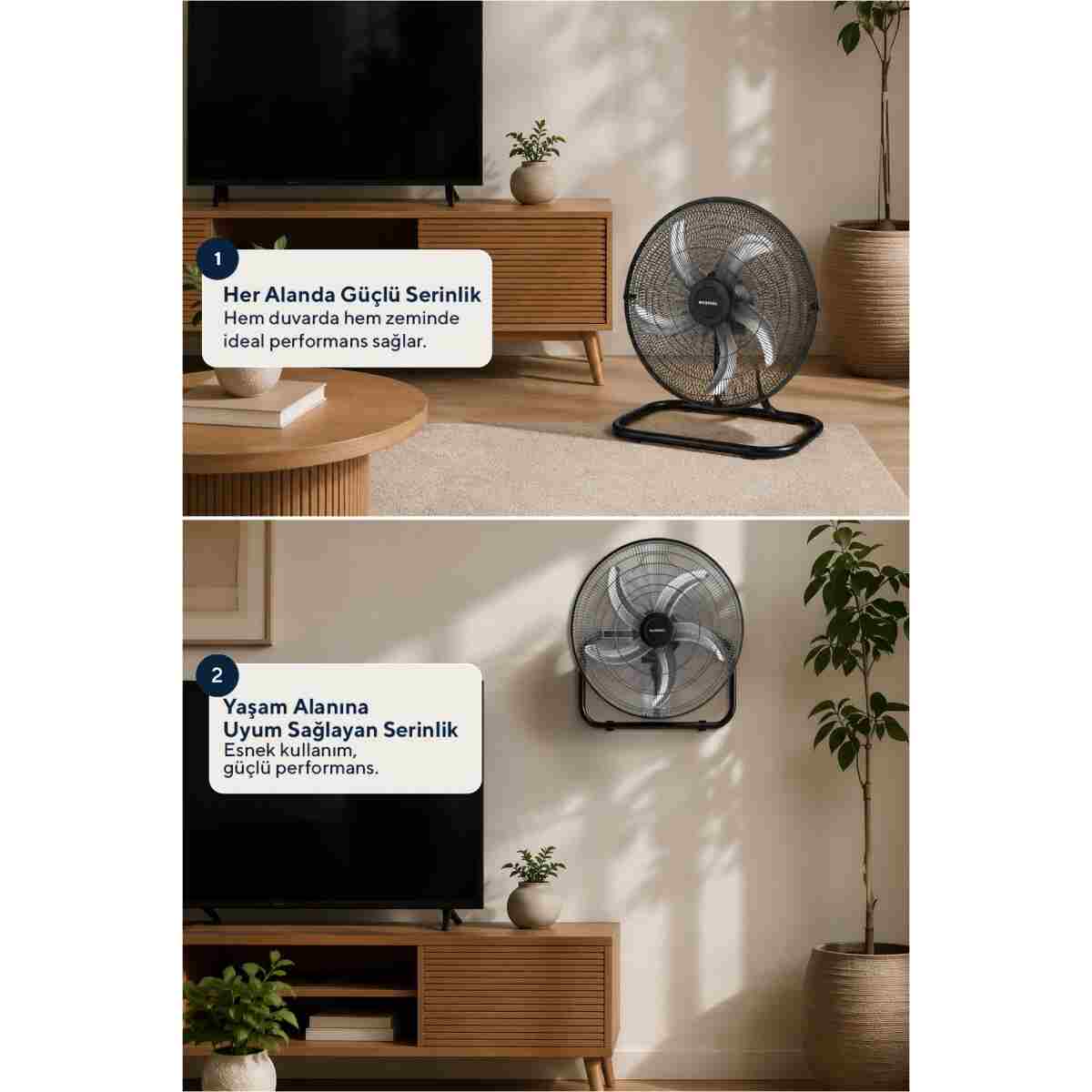 KUMTEL KTF-340 Siyah 18 İnç Sanayi Tipi Vantilatör 3in1 60 W,5 Kanatlı, 3 Kademeli, 132 cm - Görsel 7