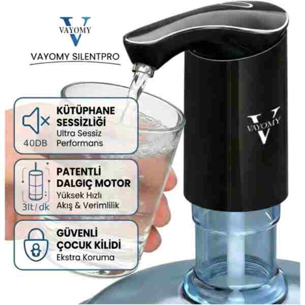 Vayomy SilentPro Sessiz Şarjlı Otomatik Damacana Su Pompası Dalgıç Motor Hızlı Dolum Çocuk Kilidi Bpa Free
