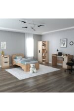 ARNETTİ Luses Genç Odası Takımı Atlantik Çam Bej | Gardırop Çalışma Masası Komodin ve Karyola 4'lü Set