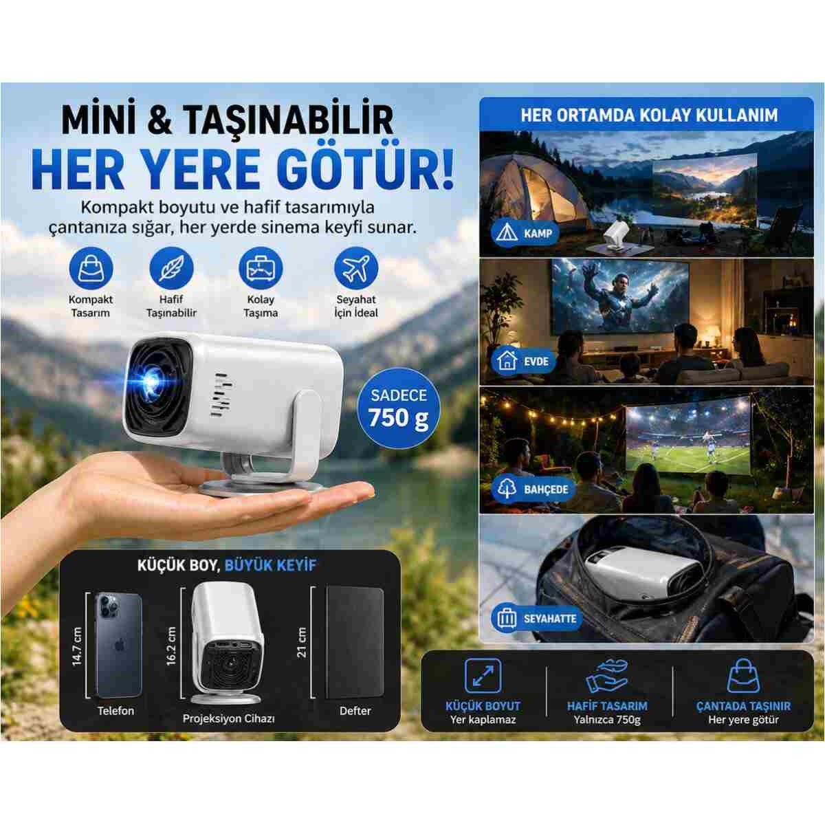 TARÇIN 4K Destekli Yeni Nesil Taşınabilir Akıllı Projektör -Oda Nemlendirici Hediyeli!- WiFi 6 Ultra Hızlı Bağlantı, Sinema Keyfi - Görsel 6
