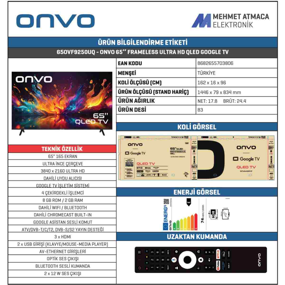 ONVO 65OVF9250UQ 65" 165 Ekran Uydu Alıcılı 4K Ultra HD Google Smart QLED TV - Görsel 5