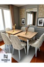 NUNKA HOME Şato Serisi Mutfak ve Salon Yemek Masası Takımı Krem +6 Sandalyeli Ceviz Renk Masalı - Görsel 2