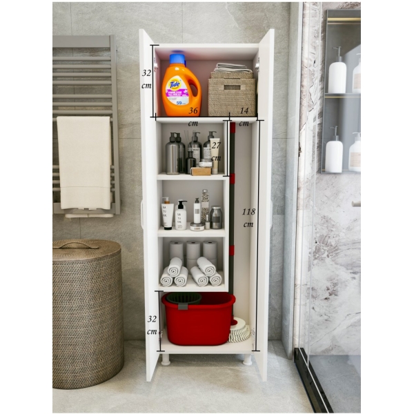 MONTENERO Dar Banyo Dolabı Süpürgelik Kova Paspas 2 Kapaklı Küçük Boy Beyaz 54x165 Cm