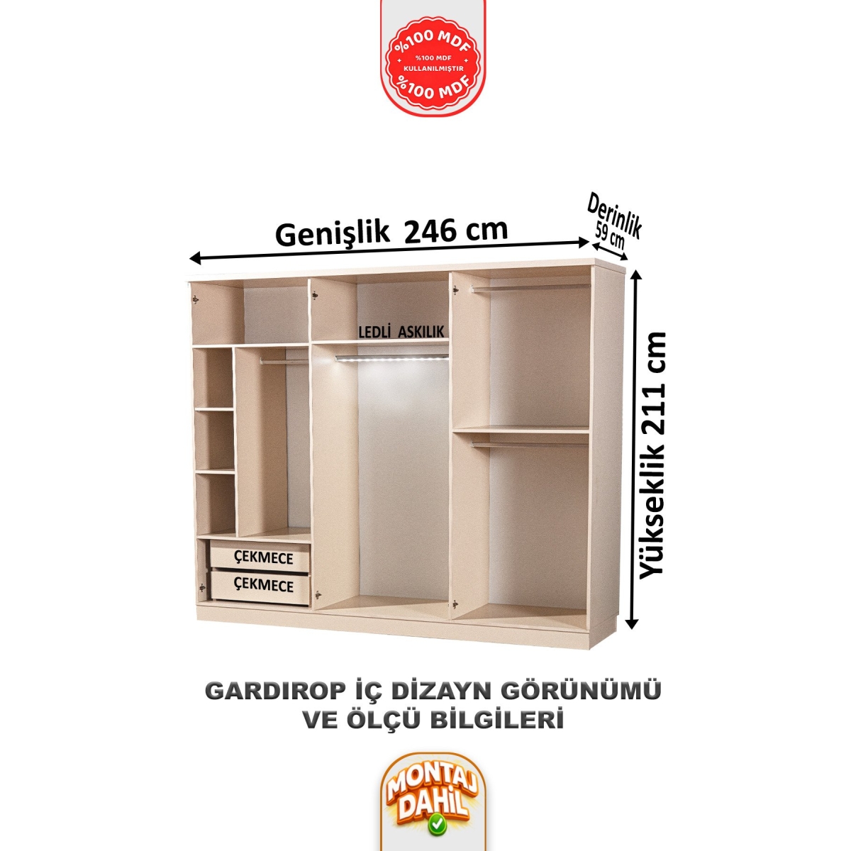 İMBAŞ Çeşme Vizon 6 Kapaklı Gardırop %100 MDF - Görsel 6