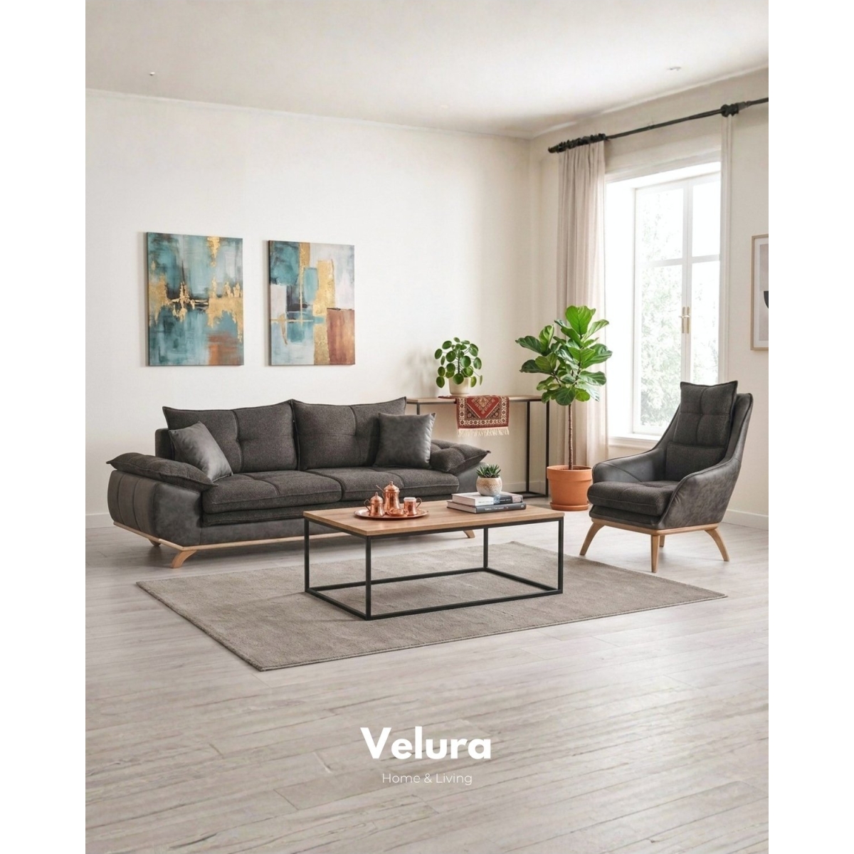 Velura Home & Living Azir Yataklı Koltuk & Bazalı Koltuk & Üçlü Kanepe (3'LÜ) - Gri Nubuk Bukle Kumaş - Görsel 11