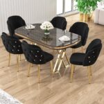 Canisa Zae Serisi 90x168 Lak Panel Antrasit Ironi Gold Ayak Masa Takımı 6 Siyah Sandalye