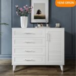 mapahomeliving Panjurlu 4 Çekmeceli 1 Kapaklı Şifonyer Modern Tasarım, MDF Kapak, Beyaz Gümüş